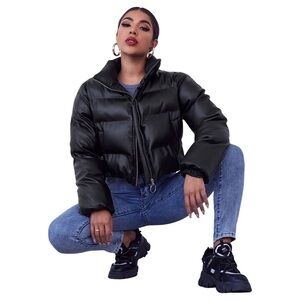 New! Faux Leather Puffer Vegan Leather Black Zip Up Winter Plus Size Jacket